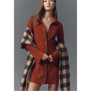 Reformation Benton Ribbed Button-Front Mini Dress dark orange NEW Long Sleeve XS